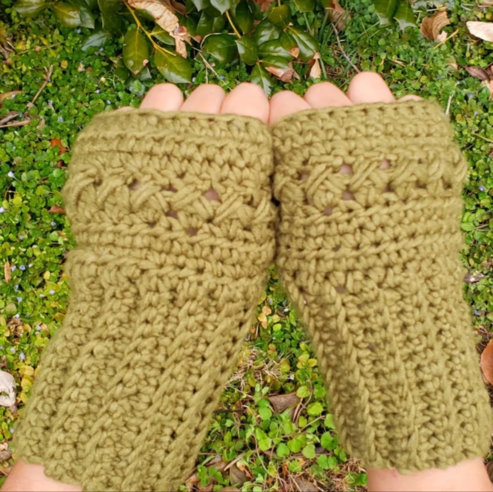 Handmade Olive Green Crochet Fingerless Gloves – Soft, Cozy, Stretchy Fit
